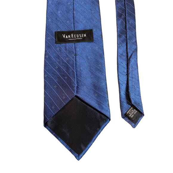 Van Heusen Mens Silk Neck Tie Made in USA Solid Blue Stripe Diamond Dots Work - Picture 4 of 6